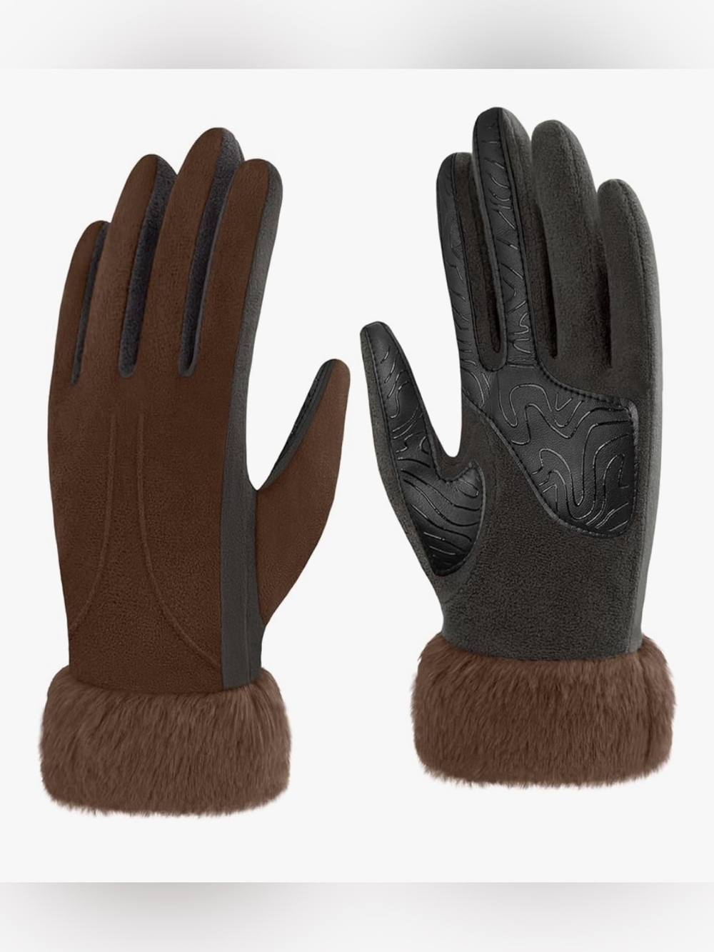 Women’s Microsuede Touchscreen  Fleece Gloves With Fur Cuff - Cognac XL